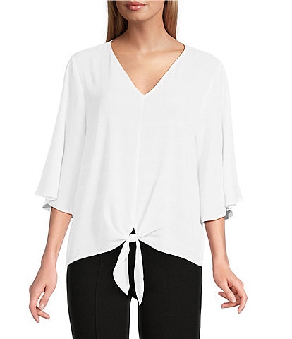 Slim Factor By Investments Dylan Puckered Stripe Tie Front V-Neck 3/4 Sleeve Top