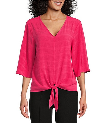 Slim Factor By Investments Dylan Puckered Stripe Tie Front V-Neck 3/4 Sleeve Top