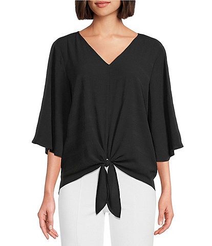 Slim Factor By Investments Dylan Puckered Stripe Tie Front V-Neck 3/4 Sleeve Top