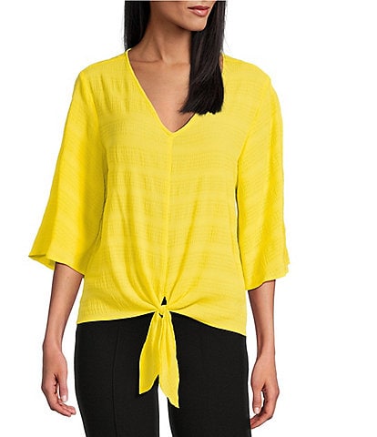 Slim Factor By Investments Dylan Puckered Stripe Tie Front V-Neck 3/4 Sleeve Top