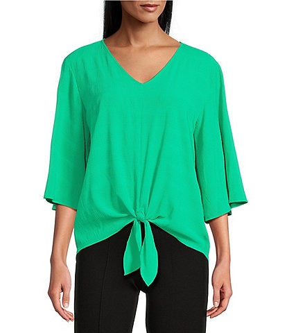 Slim Factor By Investments Dylan Puckered Stripe Tie Front V-Neck 3/4 Sleeve Top