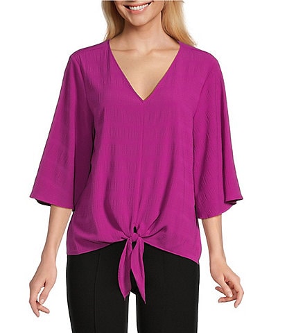 Slim Factor By Investments Dylan Puckered Stripe Tie Front V-Neck 3/4 Sleeve Top