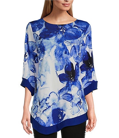 Slim Factor by Investments Fading Floral Print 3/4 Sleeve Asymmetrical Hem Knit Top
