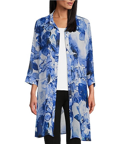 Slim Factor by Investments Fading Floral Print Point Collar 3/4 Sleeve Side Slit Button Front Duster
