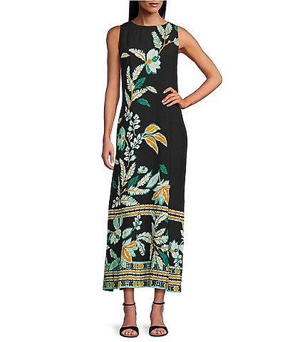 Slim Factor by Investments Fir Tropical Tapestry Print Sleeveless Crew Neck Maxi Dress