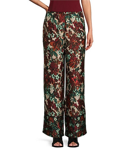 Slim Factor by Investments Floral Garden Border Abstract Print Classic Waist Wide Leg Pants