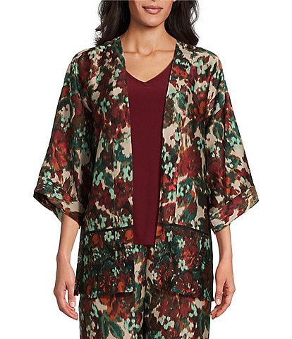 Slim Factor by Investments Floral Garden Border Abstract Print Open-Front 3/4 Sleeve Kimono