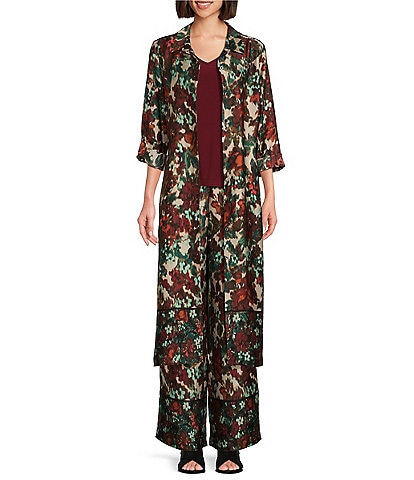 Slim Factor by Investments Floral Garden Border Point Collar Long Sleeve Self-Tie Button Front Maxi Duster