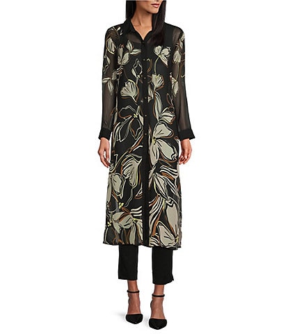 Slim Factor by Investments Floral Placement Print Long Sleeve Point Collar Button Front Duster