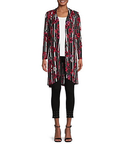 Slim Factor by Investments Floral Print Long Sleeve Open Front Mesh Cardigan