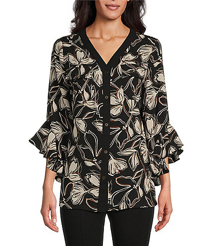 Slim Factor by Investments Floral Print V-Neck 3/4 Ruffle Sleeve Button Front Blouse