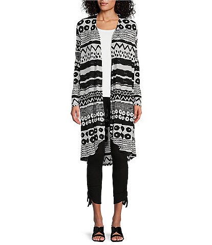 Slim Factor by Investments Geo Stripe Print Open Front Long Sleeve Mesh Cardigan