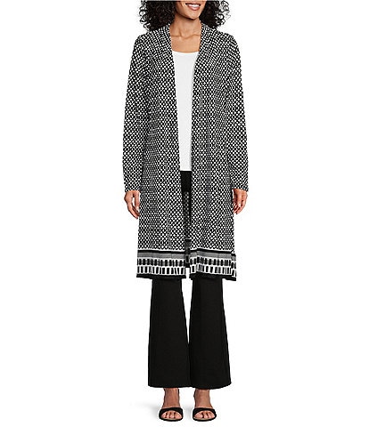 Slim Factor by Investments Geometric Print Open Front Long Sleeve Mesh Cardigan