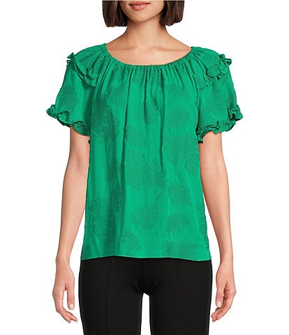 Slim Factor By Investments Heidi Palm Jacquard Elastic Linen Blend Crew Neckline Short Sleeve Top