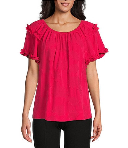 Slim Factor By Investments Heidi Palm Jacquard Elastic Linen Blend Crew Neckline Short Sleeve Top