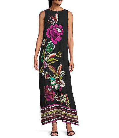 Slim Factor by Investments Hollyhock Garden Border Print Sleeveless Crew Neck Maxi Dress