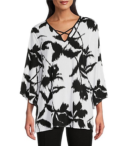 Slim Factor by Investments Ikat Floral Print V-Neck 3/4 Sleeve Criss Cross Neck Knit Tunic