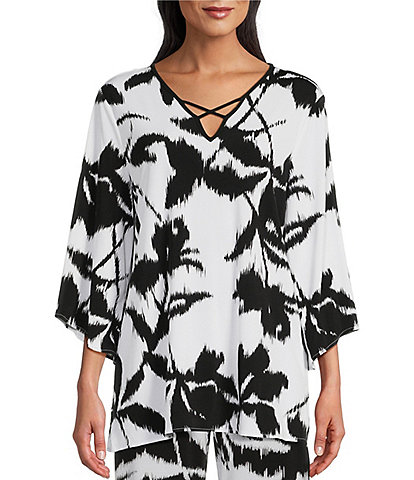 Slim Factor by Investments Ikat Floral Print V-Neck 3/4 Sleeve Criss Cross Neck Coordinating Knit Tunic