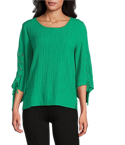 Slim Factor By Investments Josie Crew Neck 3/4 Sleeve Grommet Textured Top