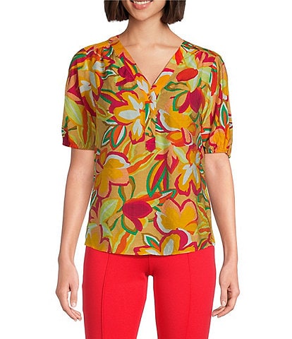 Slim Factor By Investments Julia Gold Fusion Multi Paradise Floral Print V-Neck Short Sleeve Top