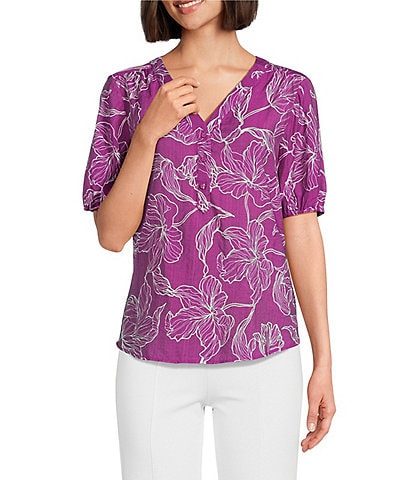 Slim Factor By Investments Julia Hollyhock Stencil Print V- Neck Short Sleeve Top