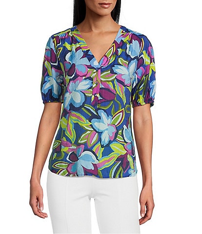 Slim Factor By Investments Julia Royal Blue Paradise Floral Print Crew Neck Short Sleeve Top