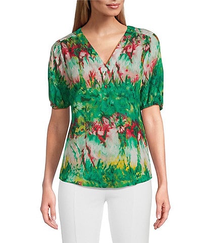 Slim Factor By Investments Julia Simply Green Multi Tie Dye Print V-Neck Short Sleeve Top