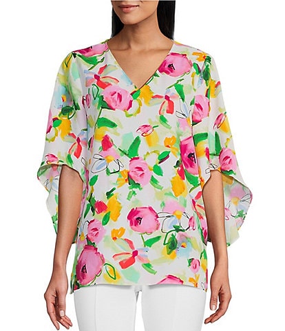 Slim Factor by Investments Kaleidoscope Floral V Neck 3/4 Draped Sleeve Top