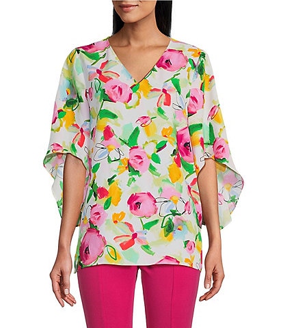 Slim Factor by Investments Kaleidoscope Floral V Neck 3/4 Draped Sleeve Top