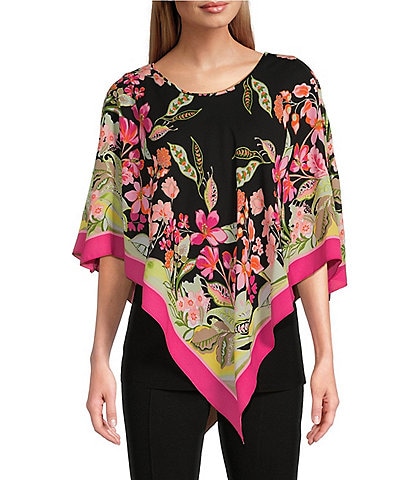 Slim Factor by Investments La Belle Scarf Mia Floral Scoop Neck 3/4 Sleeve Poncho