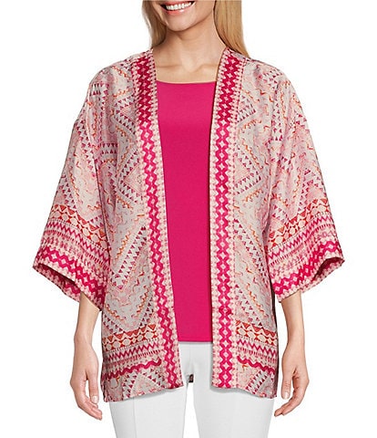 Slim Factor by Investments Mosaic Tile Open Front 3/4 Sleeve Kimono