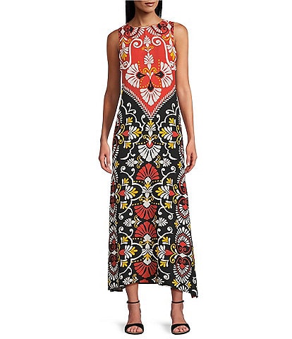 Slim Factor by Investments Orange Rust Flourish Batik Print Sleeveless Crew Neck Maxi Dress