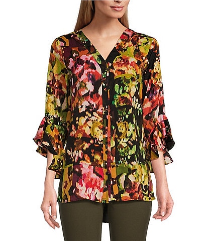 Slim Factor by Investments Patched Floral V-Neckline Ruffle Bracelet Sleeve Button Top