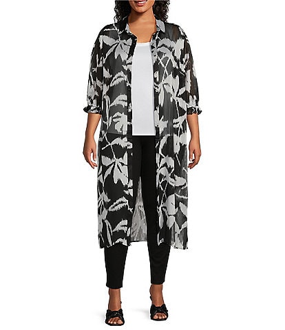 Slim Factor by Investments Plus Ikat Floral Print Short Sleeve Point Collar Button Front Duster