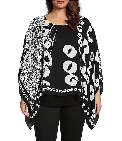 Slim Factor by Investments Plus Size Animal Geo Print Round Neck 3/4 Sleeve Square Poncho Top
