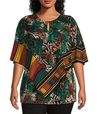 Slim Factor by Investments Plus Size Animal Print 3/4 Sleeve Keyhole Neck Poncho Top