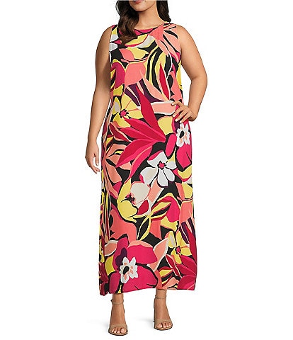 Slim Factor by Investments Plus Size Azalea Sunstruck Fancy Floral Print Sleeveless Crew Neck Maxi Dress