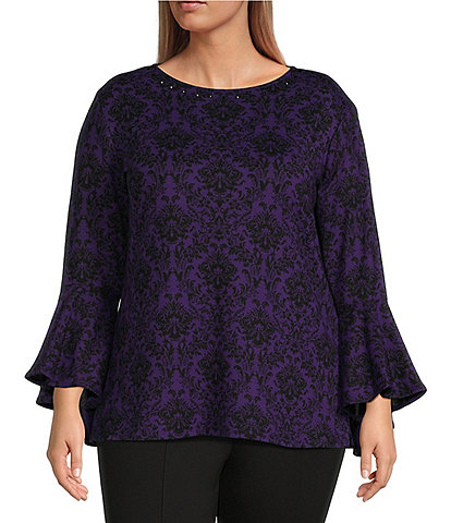 Slim Factor by Investments Plus Size Baroque Tile Print Crew Neck 3/4 Flare Sleeve Top