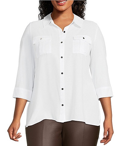 Slim Factor by Investments Plus Size Bridget Point Collar 3/4 Sleeve Button Front High-Low Top