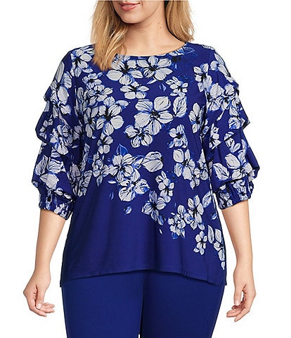 Slim Factor by Investments Plus Size Cascading Stencil Print Three Tiered Sleeve Top