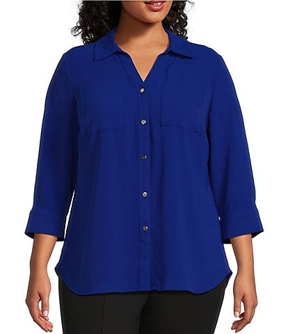 Slim Factor by Investments Plus Size Collared Y-Neck 3/4 Sleeve Button Front Blouse
