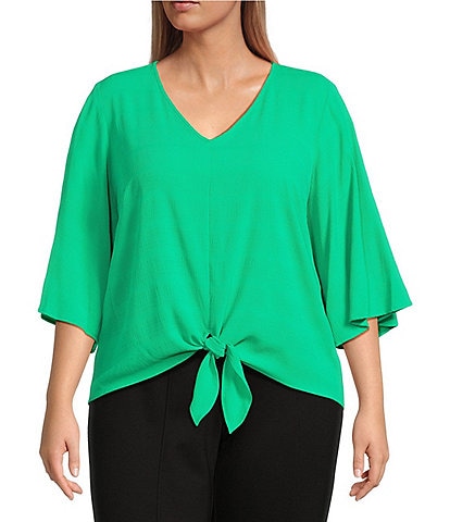Slim Factor By Investments Plus Size Dylan Tie Front V-Neck 3/4 Sleeve Top