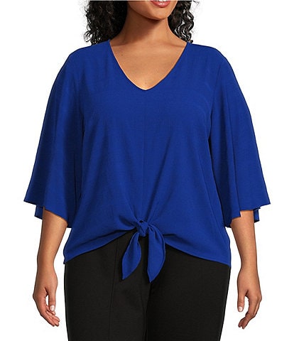 Slim Factor By Investments Plus Size Dylan Tie Front V-Neck 3/4 Sleeve Top