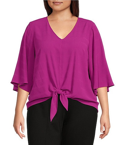 Slim Factor By Investments Plus Size Dylan Tie Front V-Neck 3/4 Sleeve Top