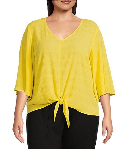 Slim Factor By Investments Plus Size Dylan Tie Front V-Neck 3/4 Sleeve Top