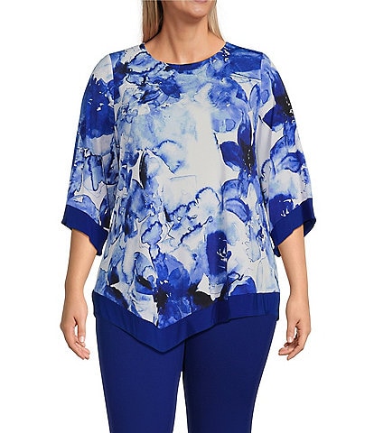 Slim Factor by Investments Plus Size Fading Floral Print 3/4 Sleeve Asymmetrical Hem Knit Top