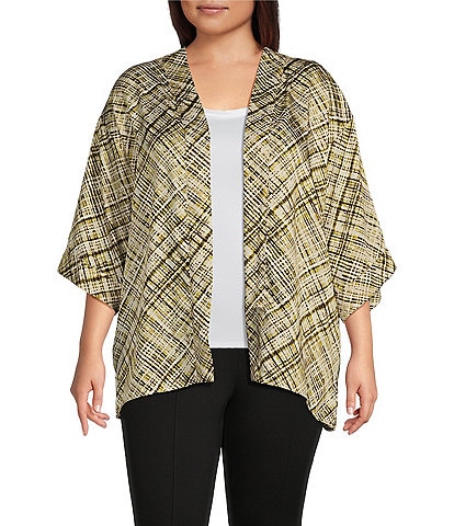 Slim Factor by Investments Plus Size Fancy Plaid Open-Front Short Sleeve Short Kimono