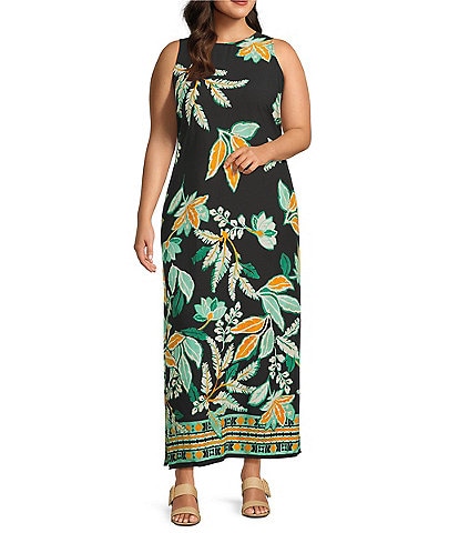 Slim Factor by Investments Plus Size Fir Tropical Tapestry Print Sleeveless Crew Neck Maxi Dress
