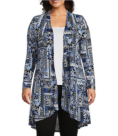 Slim Factor by Investments Plus Size Floral Patchwork Print Open Front Mesh Cardigan