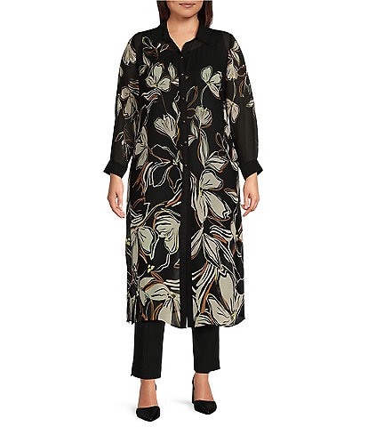 Slim Factor by Investments Plus Size Floral Placement Print Long Sleeve Point Collar Button Front Duster